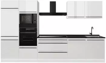 VICCO R-Line K&uuml;chenzeile wei&szlig; hochglanz/wei&szlig;, Arbeitsplatte anthrazit, 340cm