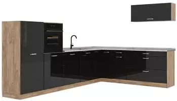 VICCO R-Line Eckk&uuml;che schwarz Hochglanz/Goldkraft Eiche, Marmorarbeitsplatte, 327x143x60cm (41304)