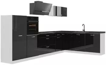 VICCO R-Line Eckk&uuml;che schwarz Hochglanz/wei&szlig;, Arbeitsplatte Anthrazit, 347cm