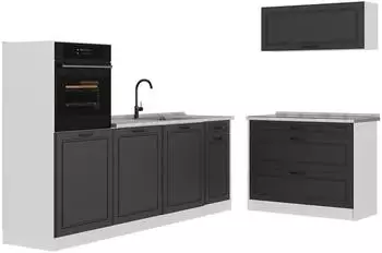 VICCO R-Line K&uuml;chenzeile Anthrazit Landhaus/Wei&szlig; 220cm, Arbeitsplatte Marmor (R-Line)