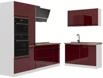 VICCO Eckk&uuml;che R-Line, rot hochglanz/wei&szlig;, 230x120cm, Arbeitsplatte Eiche