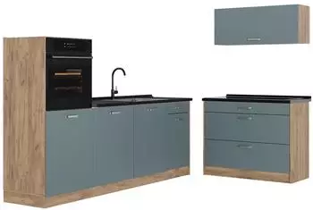 VICCO R-Line K&uuml;chenzeile blau-grau/Goldkraft Eiche 220cm ohne Arbeitsplatte