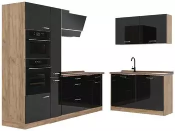 VICCO R-Line Eckk&uuml;che Schwarz Hochglanz/Goldkraft Eiche 230x120cm ohne Arbeitsplatte