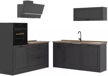 VICCO R-Line K&uuml;chenzeile Landhaus/Anthrazit 160cm, Eiche Arbeitsplatte, MDF-Fronten