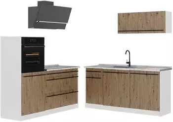 VICCO R-Line K&uuml;chenzeile 160cm, Artisan-Eiche/Wei&szlig;, Arbeitsplatte Marmor (66927)