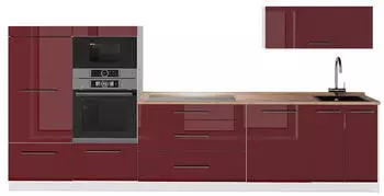 VICCO Fame-Line K&uuml;chenzeile bordeaux Hochglanz/wei&szlig;, 340cm, AP Eiche (64540)