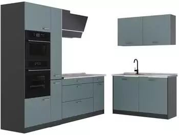VICCO R-Line Winkelk&uuml;che blau-grau/anthrazit, Marmorarbeitsplatte, 230x120cm