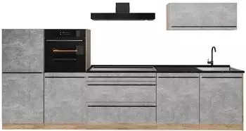 VICCO R-Line K&uuml;chenzeile Beton/Goldkraft Eiche, Arbeitsplatte Marmor, 340cm