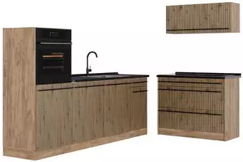 VICCO K&uuml;chenzeile R-Line Artisan-Eiche/Goldkraft Eiche 220cm, Arbeitsplatte Anthrazit