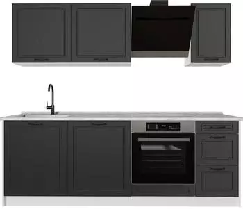 VICCO R-Line K&uuml;chenzeile Anthrazit Landhaus/Wei&szlig; 220cm, Marmor-Arbeitsplatte