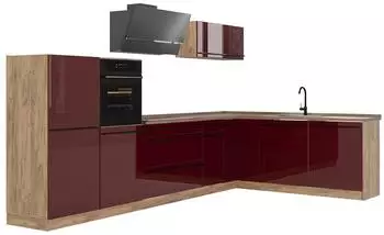 VICCO R-Line Eckk&uuml;che rot hochglanz/Goldkraft Eiche, 347x143x60cm