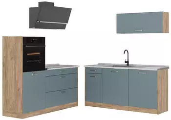 VICCO R-Line K&uuml;chenzeile blau-grau/Goldkraft Eiche 160cm, Marmorarbeitsplatte (R-Line)