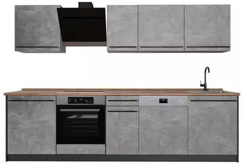 VICCO R-Line K&uuml;chenzeile Beton/Anthrazit, 280cm, Arbeitsplatte Goldkraft Eiche (67154)
