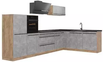 VICCO R-Line Eckk&uuml;che Beton/Goldkraft Eiche, Arbeitsplatte Anthrazit, 347x143cm