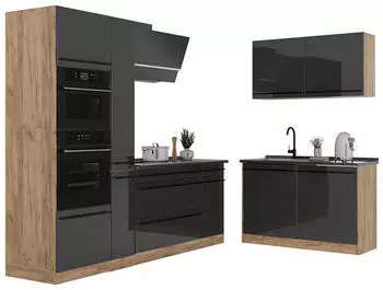 VICCO R-Line Eckk&uuml;che Anthrazit Hochglanz/Goldkraft Eiche 230x120cm (66722)