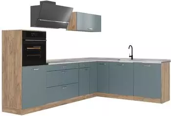VICCO R-Line Eckk&uuml;che blau-grau/Goldkraft Eiche, Marmorarbeitsplatte, 287x206,8cm
