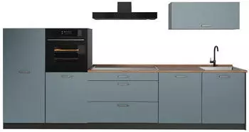 VICCO R-Line K&uuml;chenzeile blau-grau/anthrazit, Arbeitsplatte Goldkraft Eiche, 340cm