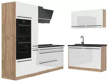 VICCO R-Line Eckk&uuml;che wei&szlig; Hochglanz/Goldkraft Eiche, Arbeitsplatte Anthrazit, 230x120cm
