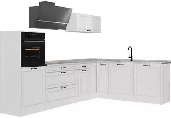 VICCO R-Line Eckküche weiß Landhaus/weiß, Arbeitsplatte Marmor, 287cm
