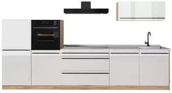 VICCO R-Line K&uuml;chenzeile wei&szlig; hochglanz/Goldkraft Eiche 340cm, Arbeitsplatte Marmor