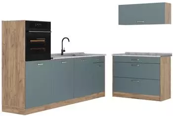 VICCO R-Line K&uuml;chenzeile blau-grau/Goldkraft Eiche 220cm, Arbeitsplatte Marmor