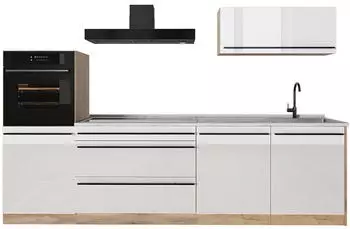VICCO R-Line K&uuml;chenzeile wei&szlig; Hochglanz/Goldkraft Eiche 280cm ohne Arbeitsplatte