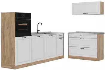 VICCO R-Line K&uuml;chenzeile Wei&szlig; Landhaus/Goldkraft Eiche 220cm, Arbeitsplatte Marmor