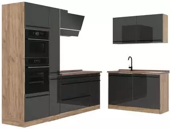 VICCO R-Line Eckk&uuml;che Anthrazit Hochglanz/Goldkraft Eiche 230x120cm ohne Arbeitsplatte (66724)