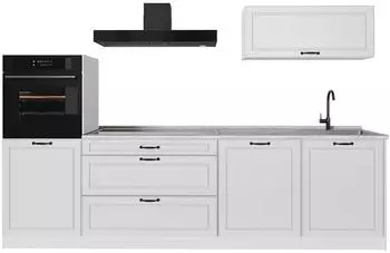 VICCO R-Line K&uuml;chenzeile wei&szlig; Landhaus/wei&szlig;, Marmor-Arbeitsplatte, 280cm