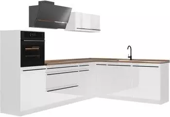 VICCO R-Line Eckküche weiß hochglanz/weiß, 287cm, Arbeitsplatte Eiche