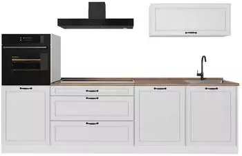 VICCO R-Line K&uuml;chenzeile Wei&szlig; Landhaus/Wei&szlig;, 280cm, Arbeitsplatte Goldkraft Eiche