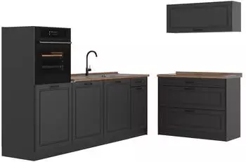 VICCO R-Line K&uuml;chenzeile Landhaus/Anthrazit 220cm, MDF-Fronten, Eiche Arbeitsplatte