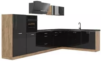 VICCO Eckküche R-Line, schwarz Hochglanz/Goldkraft Eiche, 347cm, Arbeitsplatte Anthrazit
