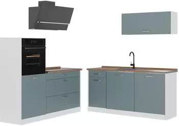VICCO R-Line K&uuml;chenzeile 160cm, blau-grau/wei&szlig;, Arbeitsplatte Goldkraft Eiche