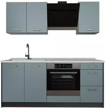 VICCO R-Line Küchenzeile 180cm blau-grau/anthrazit, Arbeitsplatte Marmor (66983)