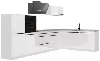 VICCO R-Line Eckküche weiß hochglanz/weiß, Arbeitsplatte Marmor, 347x143x60cm