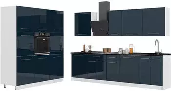 VICCO Fame-Line K&uuml;chenzeile dunkelblau Hochglanz/wei&szlig; 460cm, Arbeitsplatte Marmor (63832)