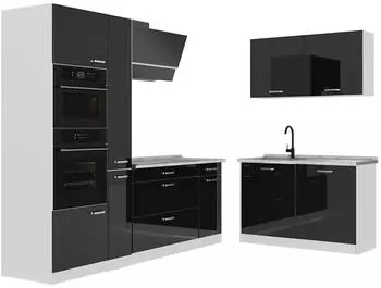 VICCO Eckk&uuml;che R-Line, schwarz Hochglanz/wei&szlig;, 230x120cm, Arbeitsplatte Marmor (R-Line)