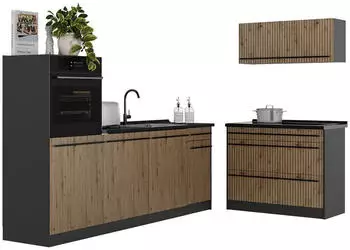 VICCO R-Line K&uuml;chenzeile Artisan-Eiche/Anthrazit 220cm, Arbeitsplatte Marmor (67415)