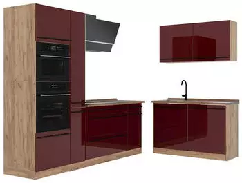 VICCO R-Line Eckk&uuml;che rot Hochglanz/Goldkraft Eiche 230x120cm (R-Line)