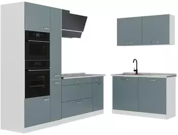 VICCO Eckk&uuml;che R-Line blau-grau/wei&szlig;, Marmorarbeitsplatte, 230x120cm