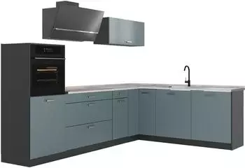 VICCO R-Line Eckk&uuml;che blau-grau/anthrazit, Marmorarbeitsplatte, 287cm