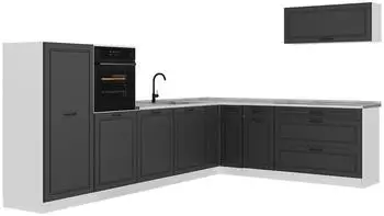 VICCO Eckk&uuml;che R-Line Anthrazit Landhaus/Wei&szlig;, 327cm, Marmorarbeitsplatte