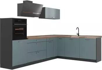 VICCO Eckk&uuml;che R-Line, blau-grau/anthrazit, Arbeitsplatte Goldkraft Eiche, 287cm (R-Line)