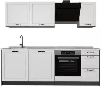 VICCO R-Line K&uuml;chenzeile wei&szlig; Landhaus/Anthrazit 220cm, Arbeitsplatte Marmor