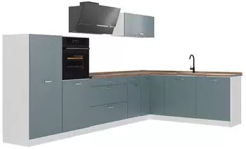 VICCO R-Line Eckk&uuml;che blau-grau/wei&szlig;, 347cm, ohne Arbeitsplatte