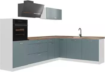 VICCO R-Line Eckk&uuml;che blau-grau/wei&szlig;, ohne Arbeitsplatte, 287cm