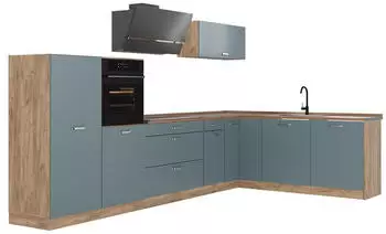 VICCO Eckk&uuml;che R-Line blau-grau/Goldkraft Eiche 347x143x60cm