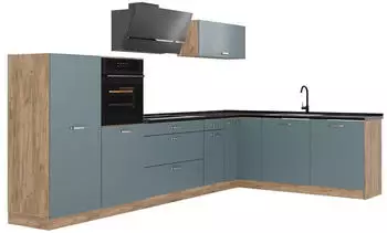 VICCO R-Line Winkelk&uuml;che blau-grau/Goldkraft Eiche, Arbeitsplatte Anthrazit, 347cm