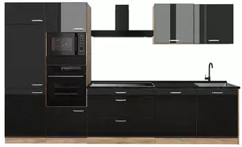 VICCO K&uuml;chenzeile R-Line 340cm, schwarz hochglanz/Goldkraft Eiche, Arbeitsplatte Anthrazit